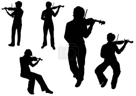 Téléchargez les illustrations : Ensemble de silhouettes de violoniste sur fond blanc - en licence libre de droit