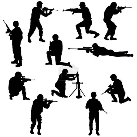 Set of the Soldiers Silhouettes Isolated on the White Background