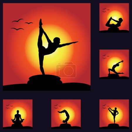 Foto de Set de Silueta de Yoga al Atardecer - Imagen libre de derechos