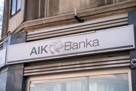 Photo for AIK Banka sign and logo. AIK Banka is a commercial bank. Belgrade, Serbia - March 31, 2023. - Royalty Free Image
