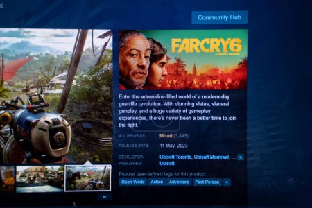 Foto de Cartel del juego Farcry 6 PC en la pantalla del ordenador portátil de la aplicación de la tienda de juegos Steam. Far Cry 6 es un juego de disparos en primera persona 2021. Ankara, Turquía - 23 de mayo de 2023. - Imagen libre de derechos