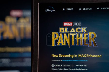 Photo for Black Panther tv series poster on Disney Plus site. Black Panther is an American motion comic and television series. Ankara, Turkey - May 23, 2023. - Royalty Free Image