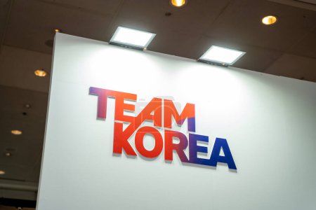 Photo for Team Korea company logo on the booth at the fair. Istanbul, Turkey - June 20, 2023. - Royalty Free Image