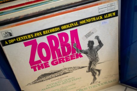 Photo for Zorba The Greek is original soundtrack album by Mikis Theodorakis at the flea market. Ankara, Turkey - August 6, 2023. - Royalty Free Image
