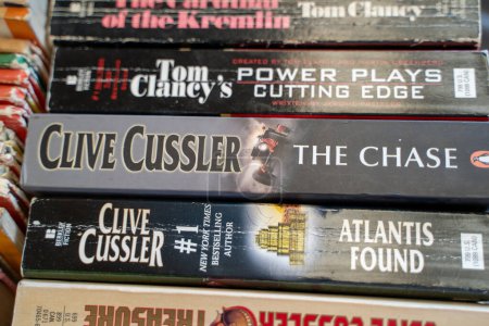 Photo for The Chase book by Clive Cussler at the flea market. Ankara, Turkey - August 6, 2023. - Royalty Free Image