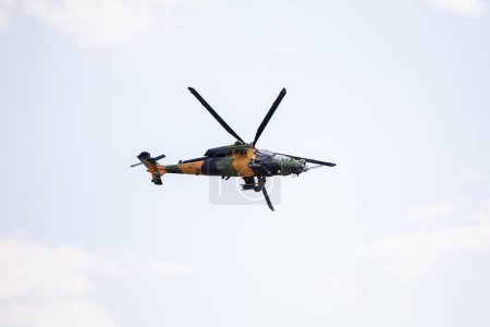 Photo for Atak helicopter demonstration flight at Teknofest Ankara. The TAI/AgustaWestland T129 ATAK is a twin-engine, tandem seat, multi-role, all-weather attack helicopter. Ankara, Turkey - August 30, 2023. - Royalty Free Image