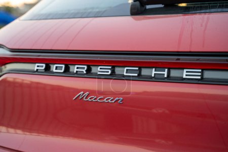Photo for Porsche Macan close up logo. Ankara, Turkey - September 24, 2023. - Royalty Free Image