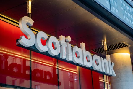 Photo for Scotiabank logo sign. The Bank of Nova Scotia (Scotiabank) is a Canadian multinational banking and financial services company headquartered in Toronto. Toronto, Canada - April 29, 2024. - Royalty Free Image