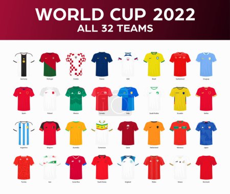 Téléchargez les illustrations : Football Coupe du Monde 2022 Toutes les 32 Equipes Jersey - en licence libre de droit