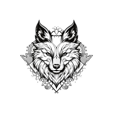 Ilustración de Lobo tatuaje estilo línea dibujo en negro - Imagen libre de derechos