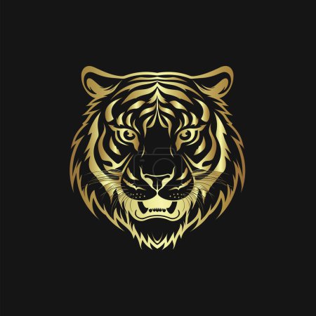 Ilustración de Cabeza de tigre de oro enojado rugiendo sobre fondo negro - Imagen libre de derechos