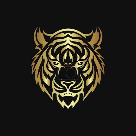 Téléchargez les illustrations : Tête de tigre d'or sur fond noir avec rugissement en colère - en licence libre de droit
