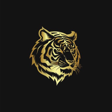 Téléchargez les illustrations : Tête de tigre d'or avec rugissement en colère sur fond noir - en licence libre de droit