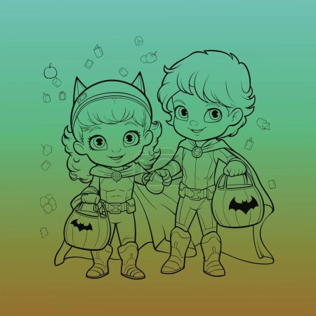 Illustration for Halloween kids holding pumpkin Coloring page - Royalty Free Image