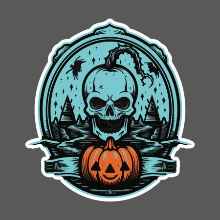 Illustration for Halloween Badge with Spooky Skull and Pumpkin - Royalty Free Image