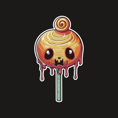 Illustration for Sticker of Spooky Lollipop with a Swirly Orange Head - Royalty Free Image