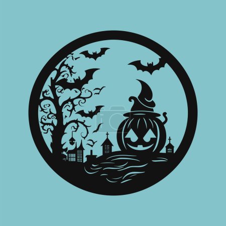 Illustration for The Halloween Pumpkin with Bat, Tree, and Ghost - Royalty Free Image