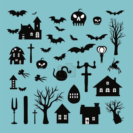 Illustration for Black silhouette halloween elements icons vector - Royalty Free Image