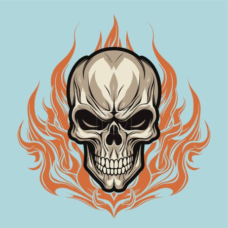 Illustration for Skull with Orange Flames on Blue Background - Royalty Free Image