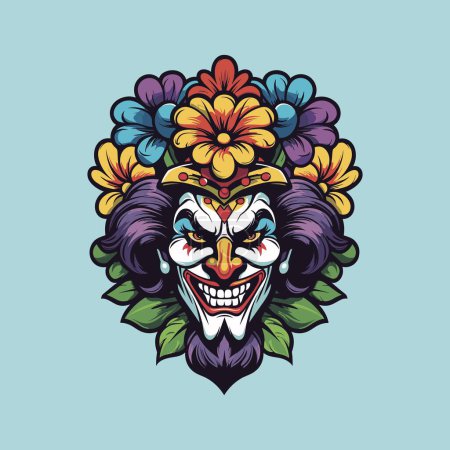 Ilustración de Payaso sonriente con corona de flores de colores - Imagen libre de derechos