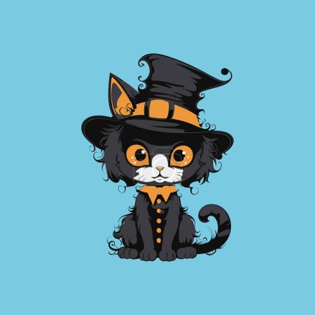 Téléchargez les illustrations : Chat noir en chapeau de sorcière et illustration vectorielle de costume - en licence libre de droit
