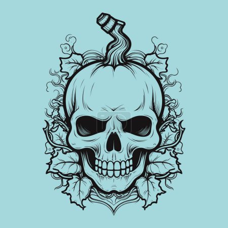 Illustration for Black line skull with pumpkin - Royalty Free Image