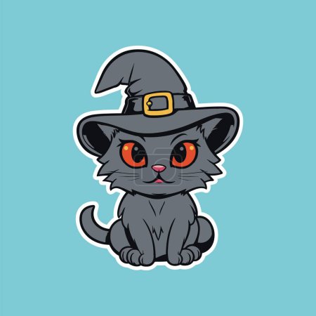 Illustration for Gray Cat Wearing Witch Hat on Blue - Royalty Free Image