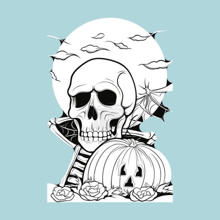 Illustration for Halloween Themed Skull and Pumpkin Illustration - Royalty Free Image