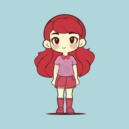 Téléchargez les illustrations : Petite fille aux cheveux rouges debout seule sur un fond bleu - en licence libre de droit