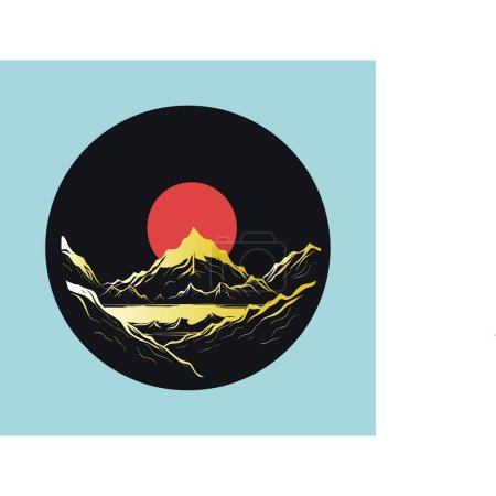 Ilustración de Paisaje de Montaña con Ilustración de Sol Rojo - Imagen libre de derechos