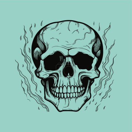 Ilustración de Cráneo negro con llamas sobre fondo turquesa - Imagen libre de derechos
