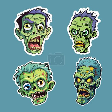Illustration for Four Zombie Head Stickers with Various Colors and Expressions - Royalty Free Image