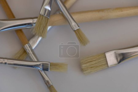 Paint brushes on a white background. Close-up photo.