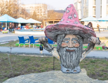 Photo for Chisinau, Moldova - March 27, 2021 A statue of a gnome with a pink hat. - Royalty Free Image