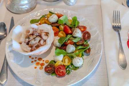 Seafood mix and Caprese salad with cherry tomatoes, mozzarella, basil, and arugula on a nice plate with a seashell decor table.