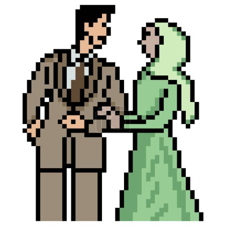 Téléchargez les illustrations : Couple de mariage musulman portrait avec pixel art design. Illustration vectorielle. - en licence libre de droit