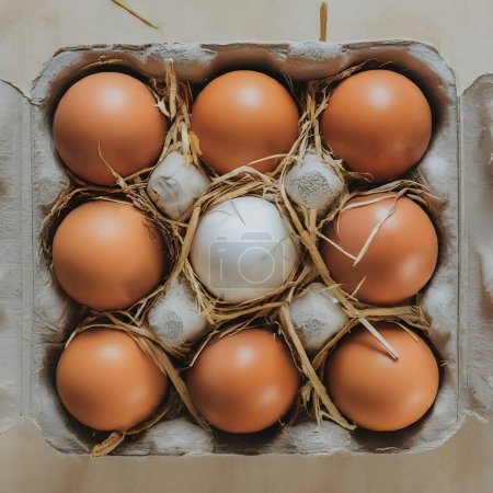 Photo for A tray of brown eggs is arranged neatly in a grey cardboard carton, displayed against a dark, textured backdrop that highlights their natural, smooth texture and the sturdy packaging that holds them. - Royalty Free Image