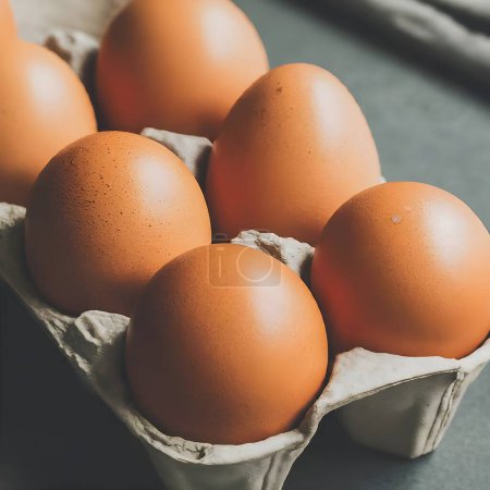 Photo for A tray of brown eggs is arranged neatly in a grey cardboard carton, displayed against a dark, textured backdrop that highlights their natural, smooth texture and the sturdy packaging that holds them. - Royalty Free Image