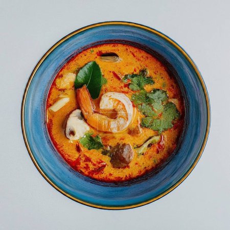A bowl of spicy Thai Tom Yum soup sits on a table, its rich red broth brimming with herbs, a juicy shrimp garnish, and a wedge of lime for added flavor.