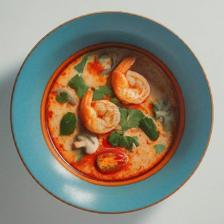 Auf einem Tisch steht eine Schüssel mit würziger thailändischer Tom-Yum-Suppe, deren reichhaltige rote Brühe vor Kräutern nur so strotzt, eine saftige Garnelengarnitur und ein Limettenkeil für zusätzlichen Geschmack..