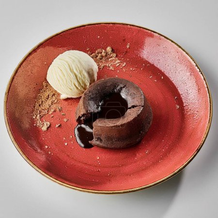 Ein Dessert, ein Schokoladen-Lavakuchen mit einer Kugel Vanilleeis, garniert mit einem Minzblatt, einer essbaren Blume und einer Physalis-Frucht, serviert auf einem leuchtend roten Keramikteller.