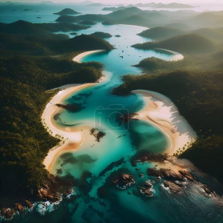 The aerial perspective showcases a winding coastline with aquamarine waters embracing a sandy shoreline, surrounded by dense green forests under the soft glow of the golden hour sun.