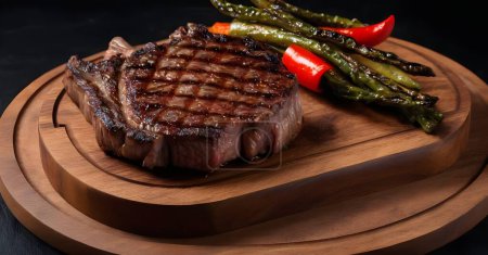 filet mignon steaks with perfect grill marks are presented on a wooden cutting board, accompanied by asparagus, and carrots, showcasing a well-prepared.