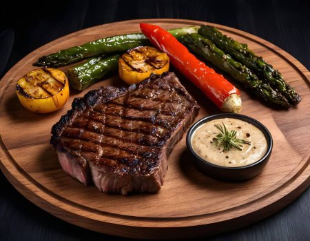 filet mignon steaks with perfect grill marks are presented on a wooden cutting board, accompanied by asparagus, and carrots, showcasing a well-prepared.