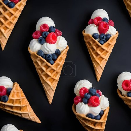 A tantalizing waffle cone filled with whipped cream and topped with a vibrant selection of fresh raspberries, blueberries, and a sprig of mint rests against a dark backdrop