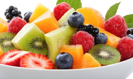 Eine weiße Schale quillt über mit einer Vielzahl frischer, reifer Früchte. Erdbeeren, Kiwi, Mango und dicke Beeren werden mit grünen Trauben vermischt.