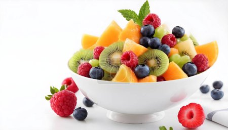 Eine weiße Schale quillt über mit einer Vielzahl frischer, reifer Früchte. Erdbeeren, Kiwi, Mango und dicke Beeren werden mit grünen Trauben vermischt.