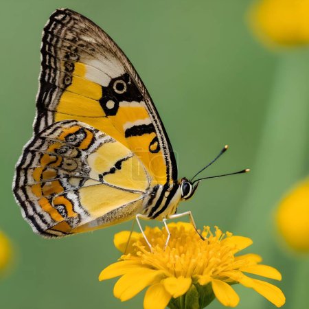 Téléchargez les photos : Un papillon jaune vif aux motifs noirs et blancs atterrit délicatement sur une fleur jaune pour se nourrir et polliniser - en image libre de droit