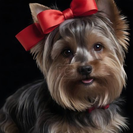 Un pequeño perro Yorkshire Terrier está adornado con un gran lazo rojo en la cabeza, mostrando su piel bien arreglada y su expresión atenta.