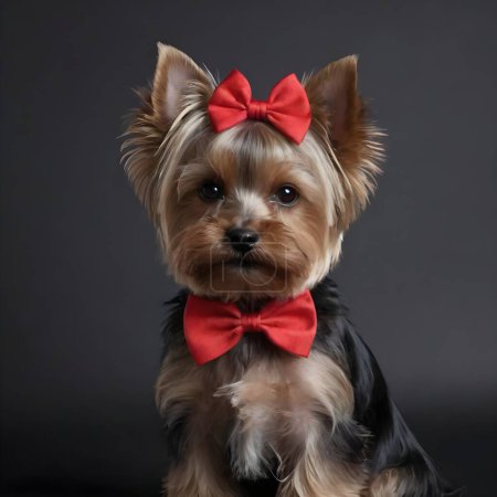 A small Yorkshire Terrier dog is adorned with a large red bow on its head, showcasing its well-groomed fur and attentive expression.